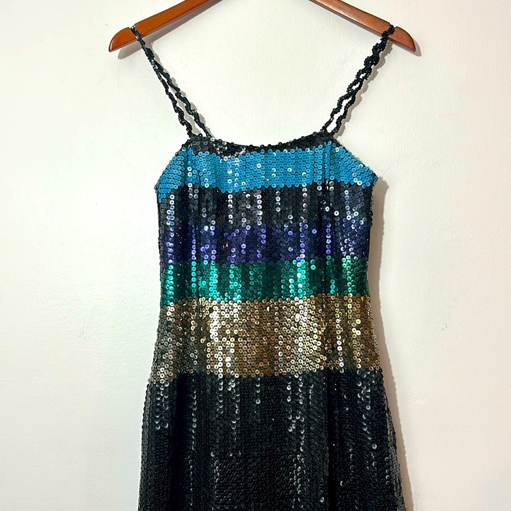 Long black, gold, green, purple, blue sequin dress vintage size 10